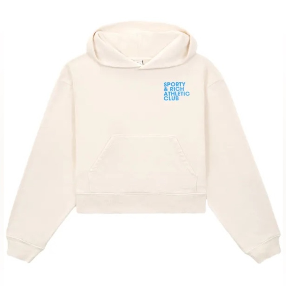 Sporty & Rich 💎 Cream Hoodie with Blue Logo Size XS